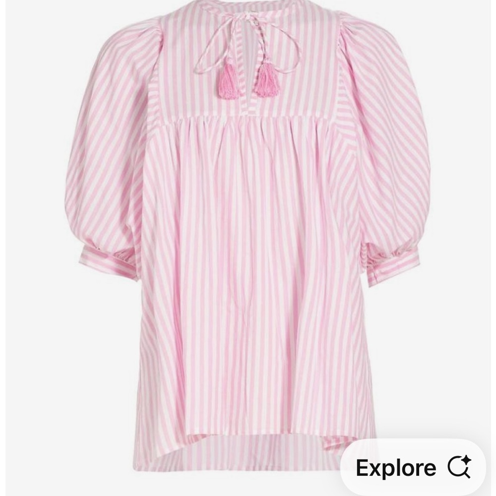 Pink Striped Puff-Sleeve Cotton Top
